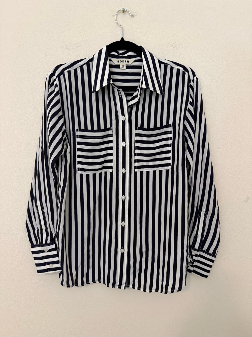 Boden Navy & White 100% Silk Button Up Blouse Size 6 Coastal Capsule Nautical
